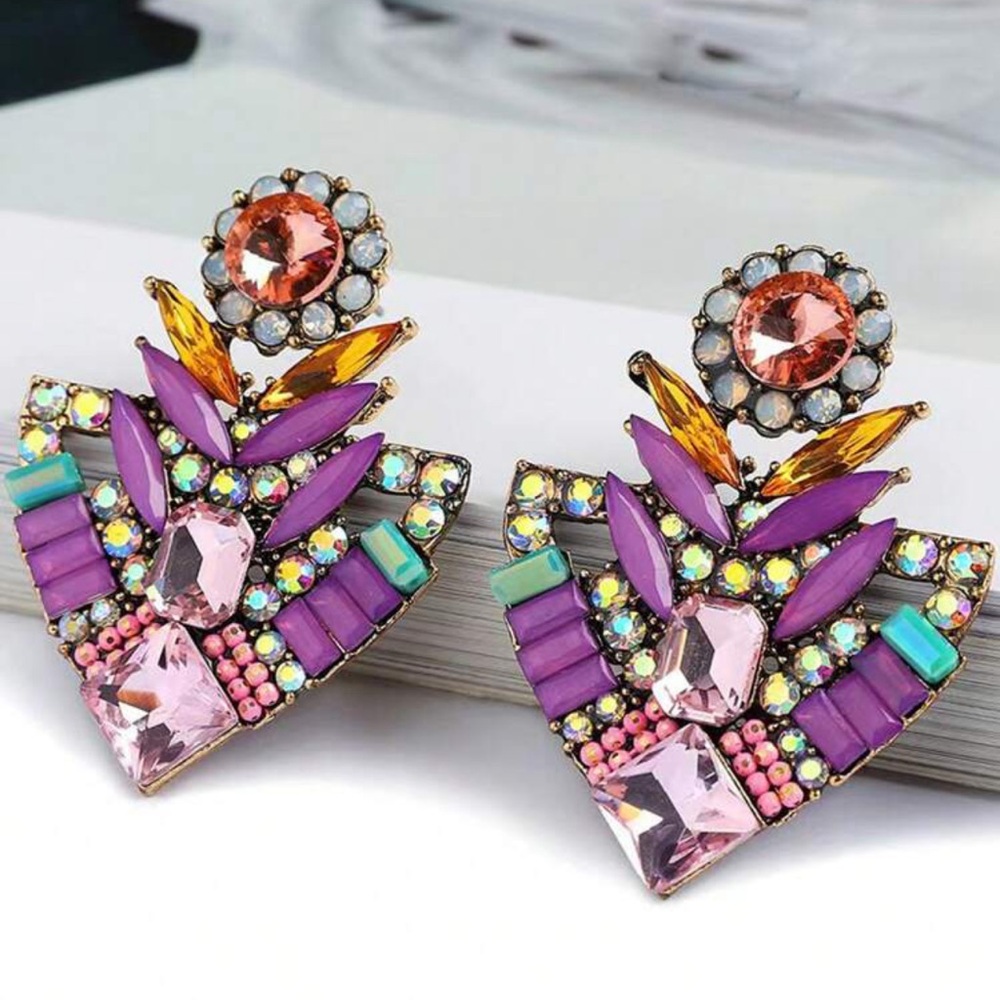 Ornate Triangle Crystal Earrings - Blue - Picture 6 of 6